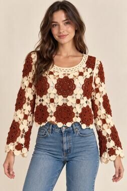 American Flirt Floral Crochet Crop Top Rust Cream Long Sleeve Size Large